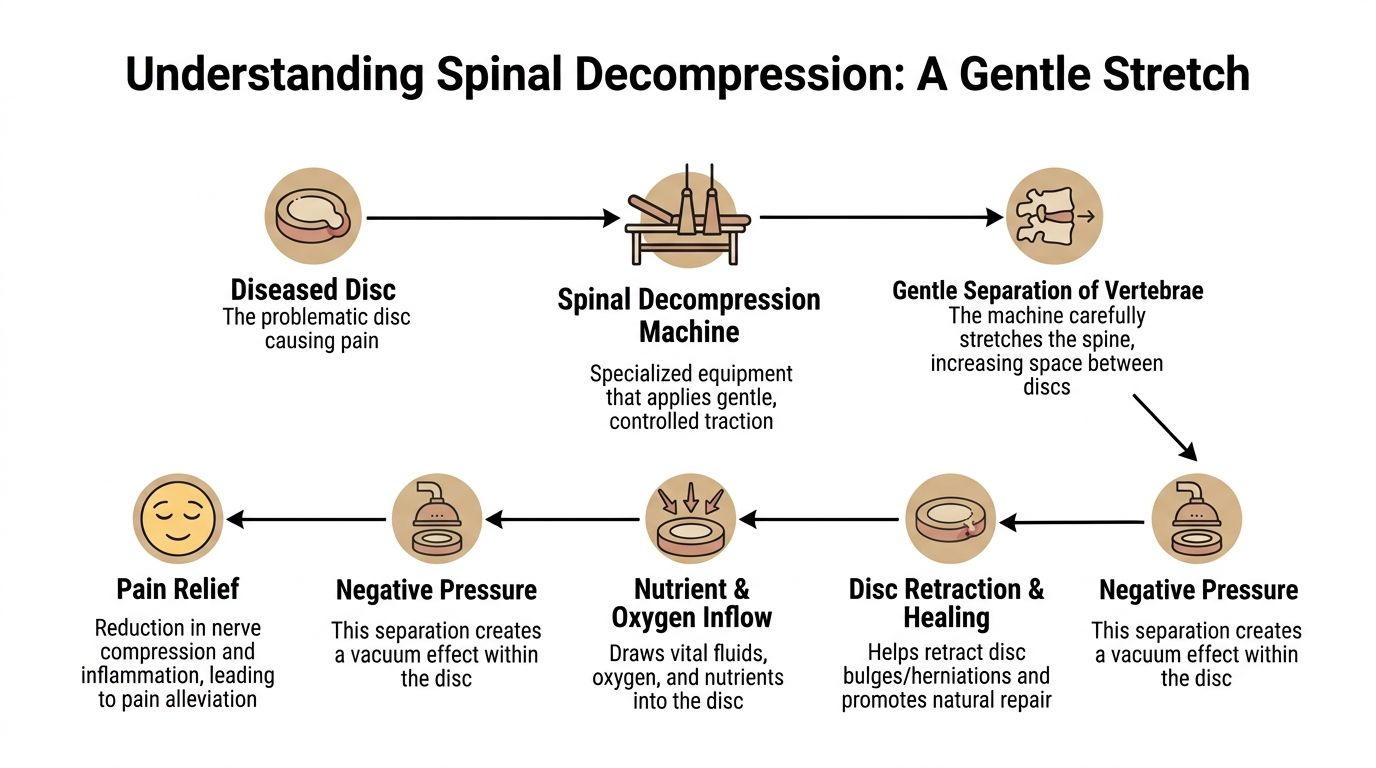 A flowchart explaining the step-by-step process of spinal decompression therapy for pain relief and disc healing.