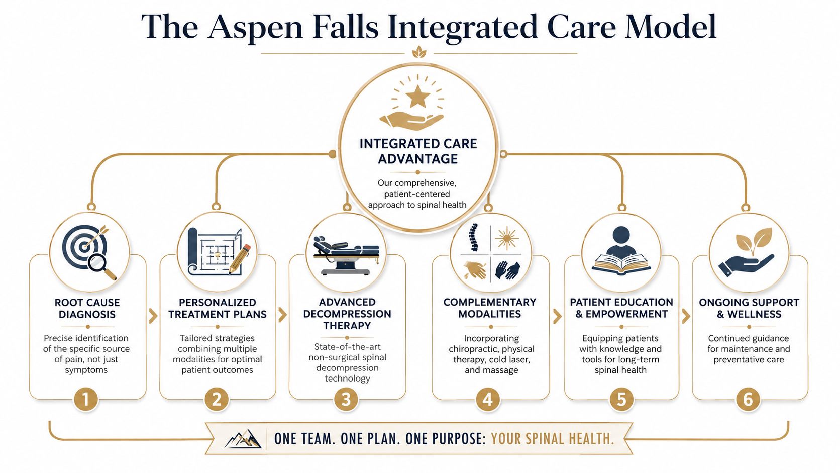 A diagram illustrating the Aspen Falls Integrated Care Model process for comprehensive spinal health and wellness.