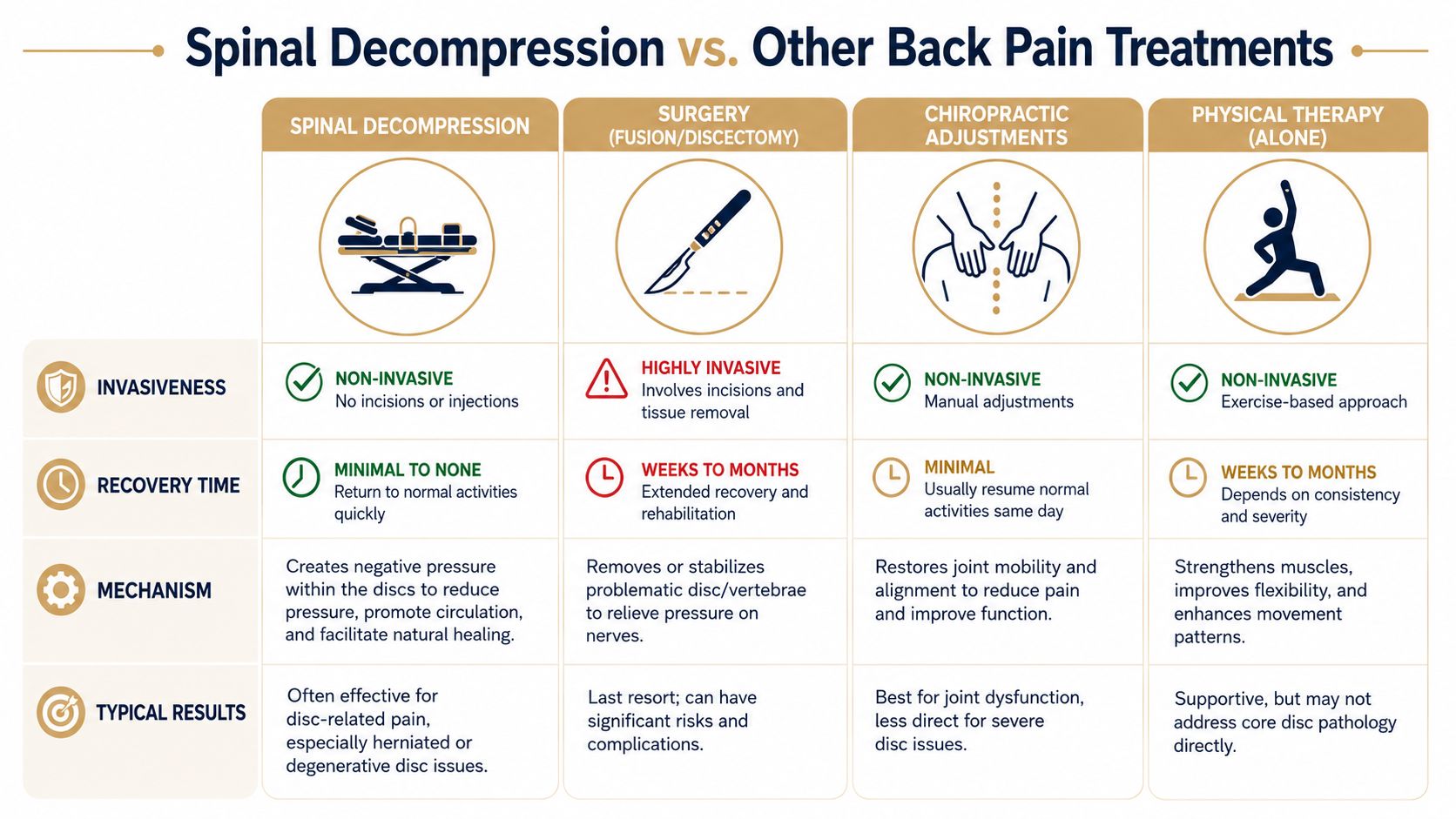 A comparison chart outlining spinal decompression versus surgery, chiropractic adjustments, and physical therapy for back pain treatments.