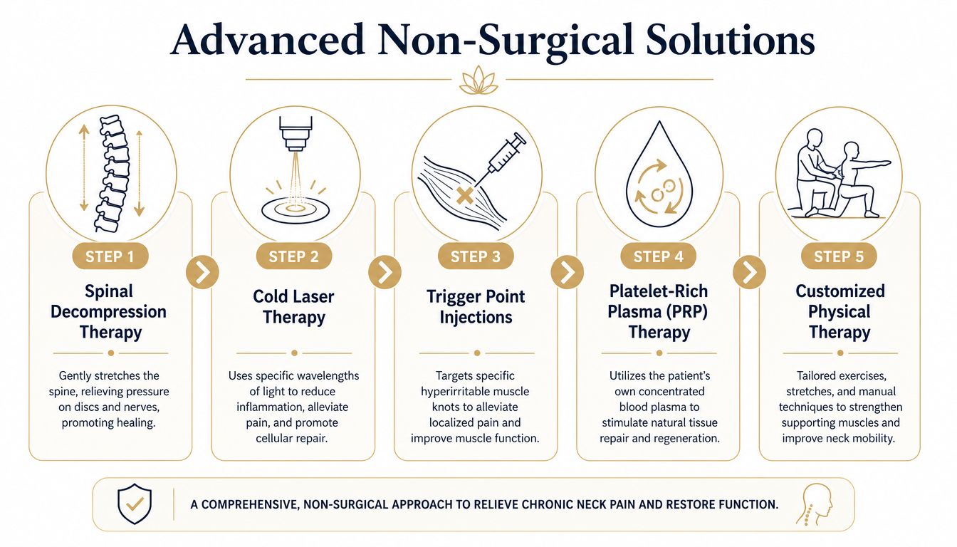 An infographic detailing five advanced non-surgical treatment steps for effective chronic neck pain relief.