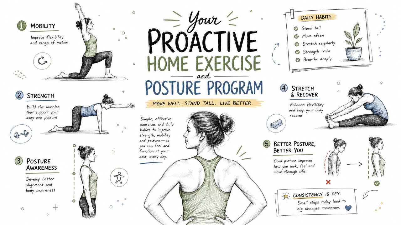 An illustrated guide detailing a proactive home exercise and posture program for better physical health.