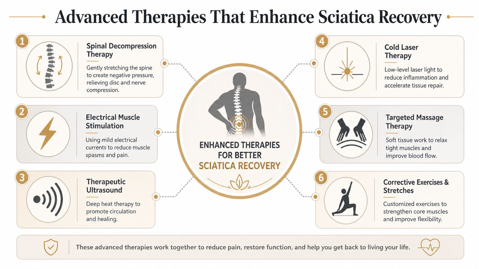 An infographic showing six advanced therapies for sciatica recovery including spinal decompression, ultrasound, and targeted exercises.