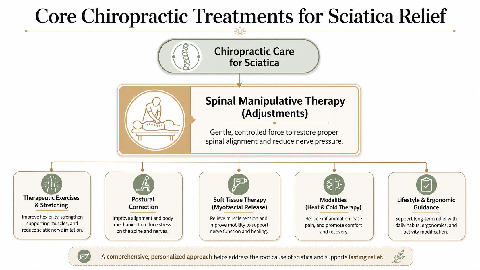 An infographic showing various chiropractic treatments for sciatica relief, including spinal adjustments, exercises, and ergonomic lifestyle changes.