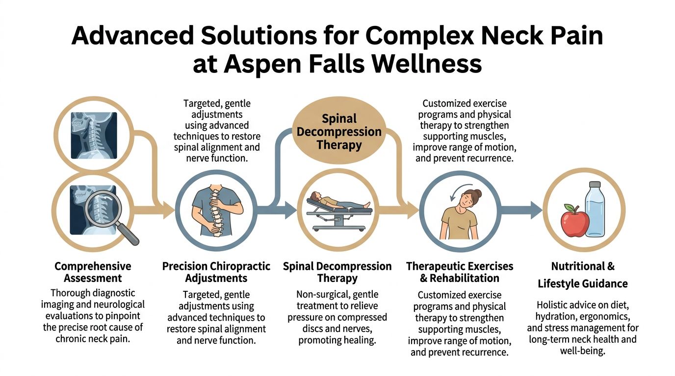 A process diagram showing advanced chiropractic solutions for complex neck pain at Aspen Falls Wellness.