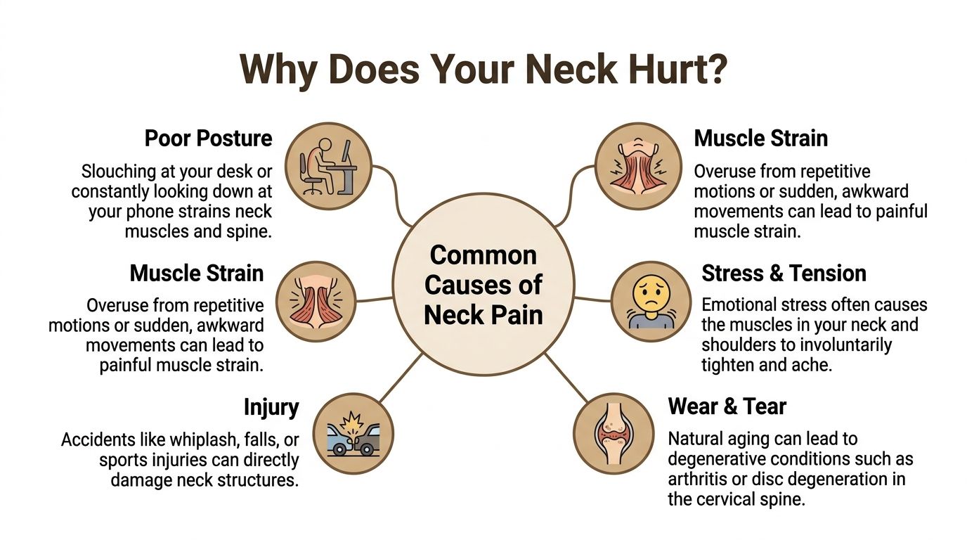 An infographic titled Why Does Your Neck Hurt explaining common causes of neck pain with icons.