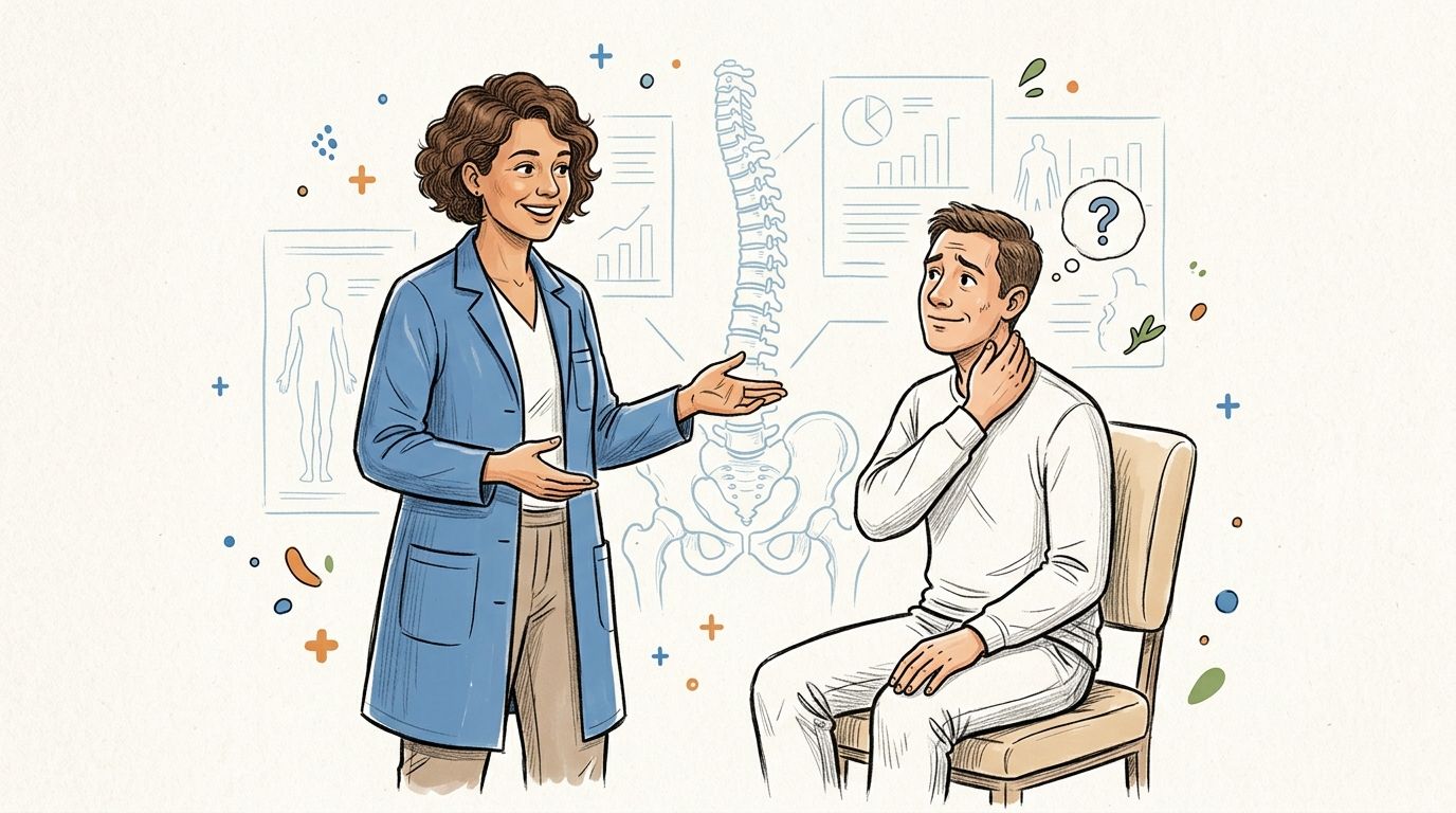A female chiropractor consulting a male patient who is experiencing pain and touching his neck.