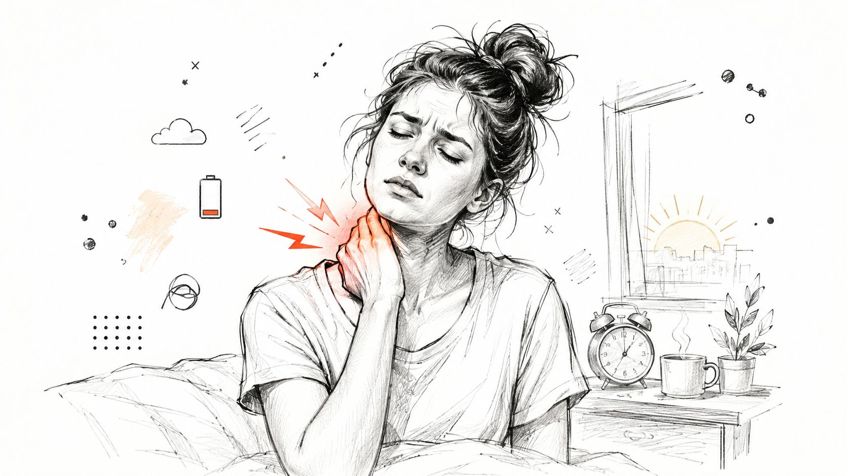 A woman waking up in bed experiencing sharp neck pain, illustrated in a sketch style art.