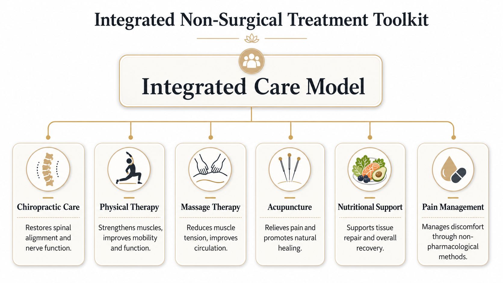 An infographic showing the Integrated Non-Surgical Treatment Toolkit with six different therapy options for patient care.