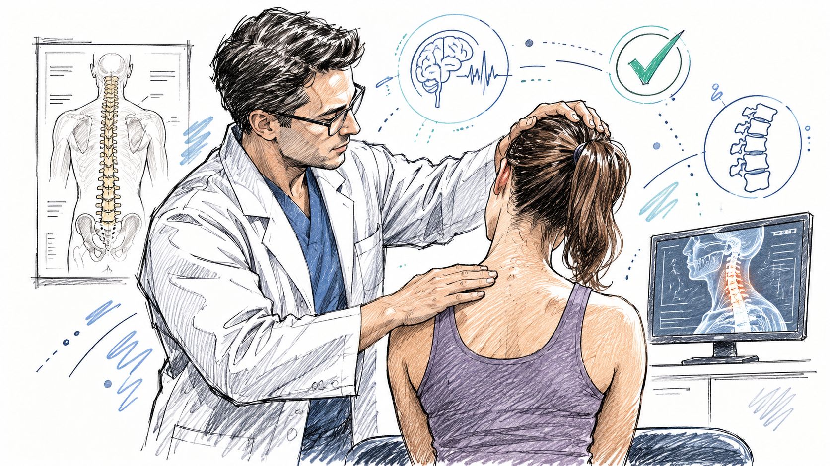 A doctor performing a medical examination on a patient's back in a modern clinical setting.