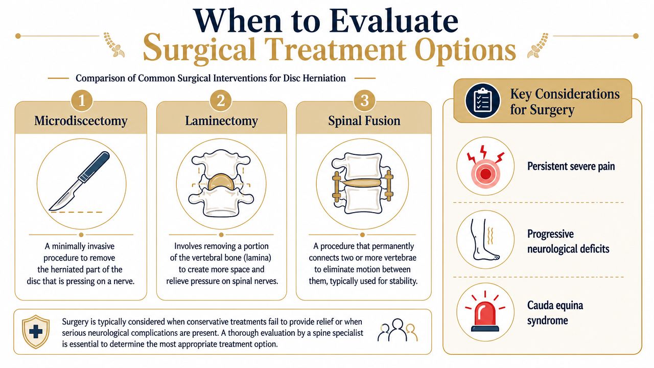 An infographic detailing common surgical treatment options for disc herniation, including microdiscectomy, laminectomy, and spinal fusion.