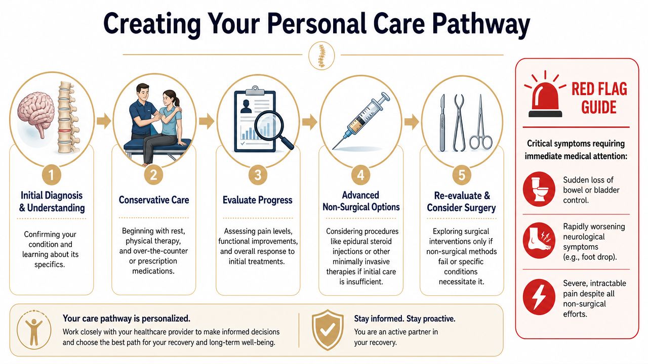 An infographic showing a five-step personal care pathway for spine treatment with a red flag symptom guide.