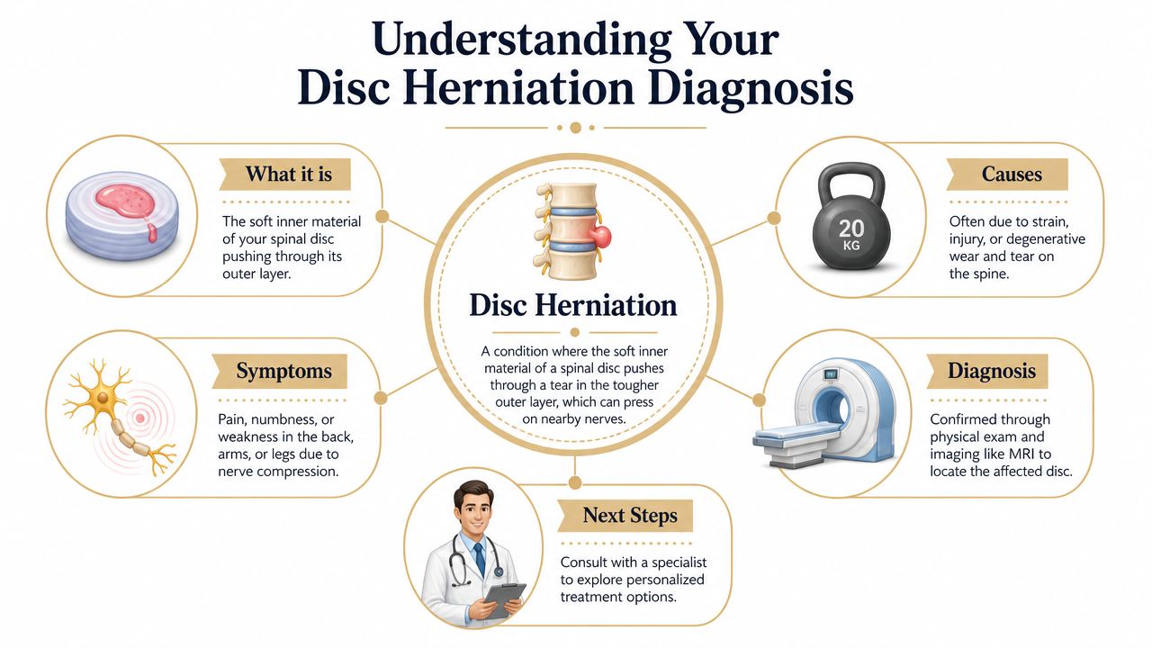 An educational infographic explaining the definition, causes, symptoms, diagnosis, and treatment steps of disc herniation.