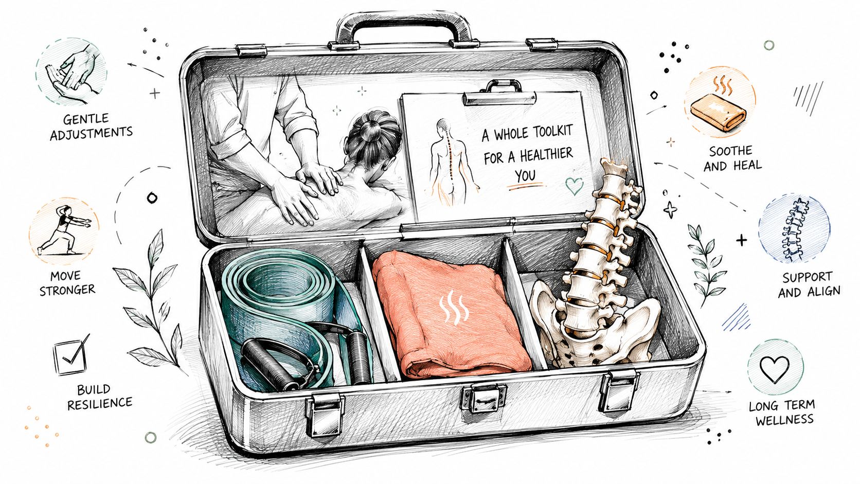 A professional chiropractic toolkit in a suitcase, symbolizing holistic back health, wellness, and therapeutic pain management support.