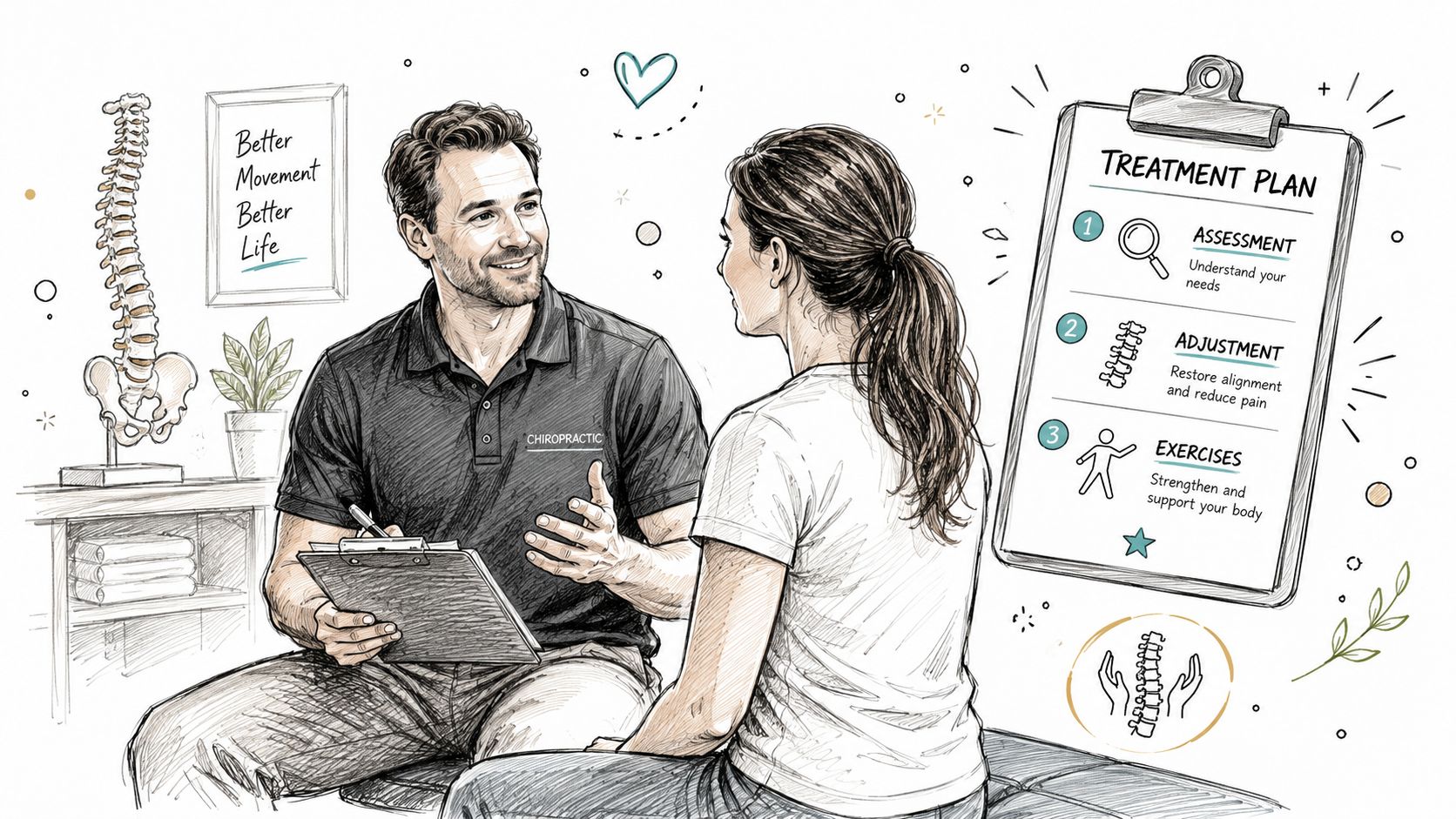 A friendly chiropractor consulting with a female patient about a personalized treatment plan in his office.