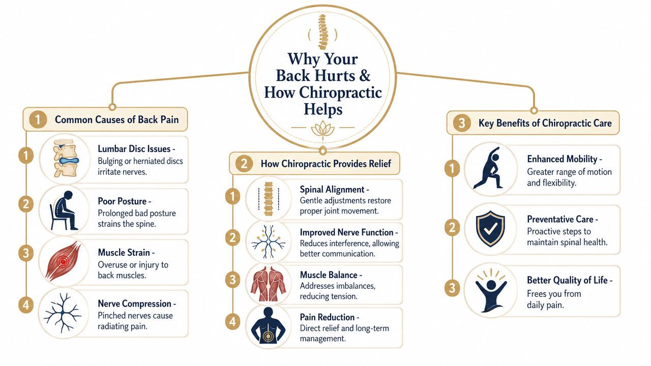 An infographic explaining common causes of back pain, how chiropractic care provides relief, and its benefits.
