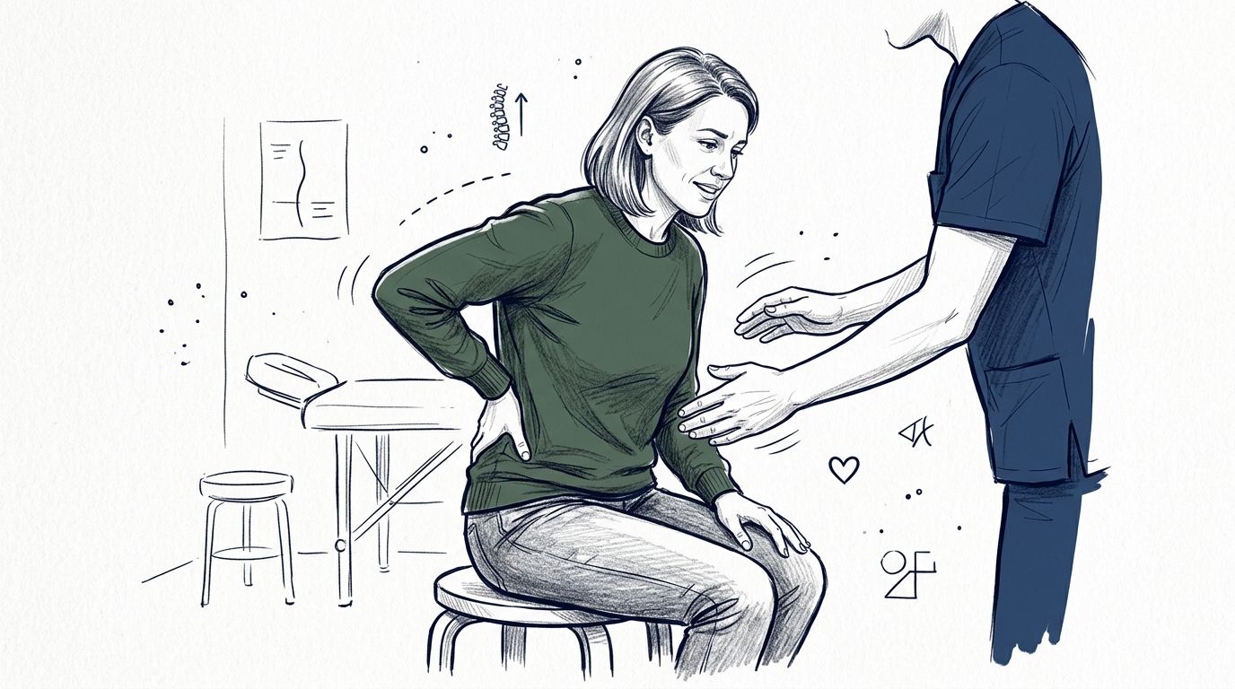 A physical therapist conducting a consultation with a female patient complaining of lower back pain in clinic.
