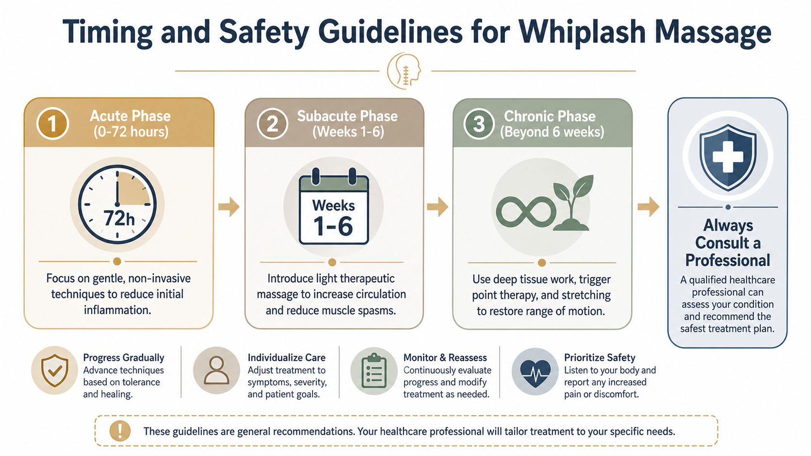 An infographic showing the timing and safety phases of massage therapy for recovering from whiplash injuries.