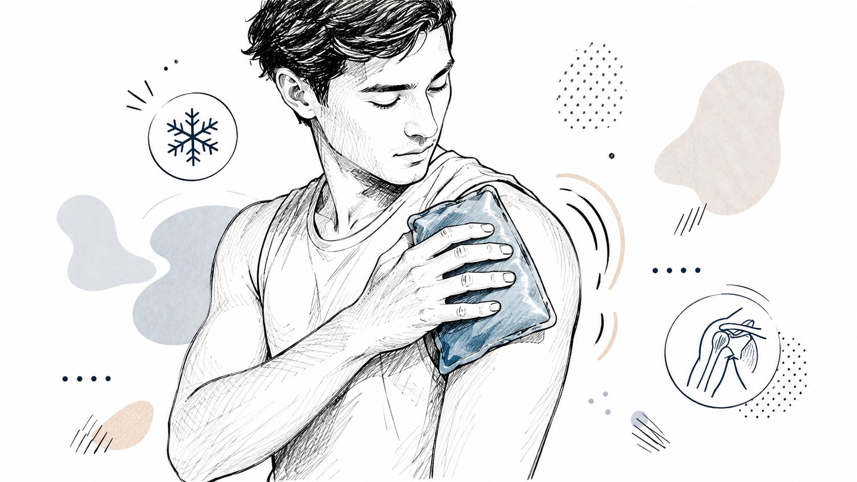 A person applying a blue ice pack to their injured shoulder to help with rotator cuff recovery.