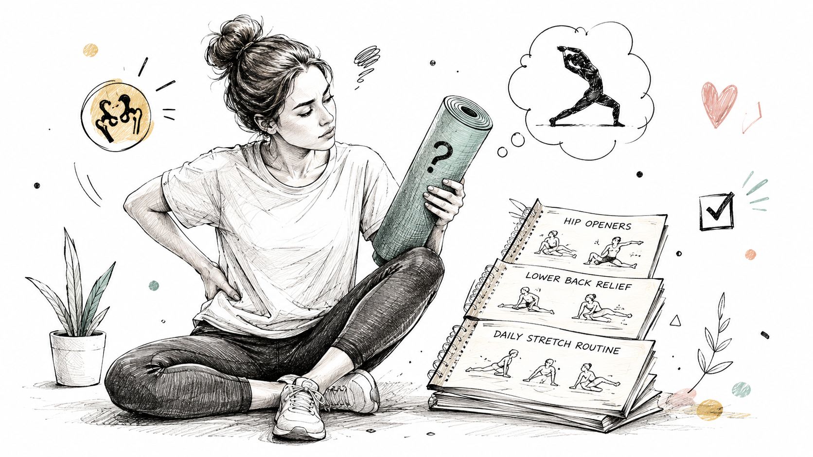 A woman with hip and back pain holds a yoga mat while looking at exercise instruction sheets.