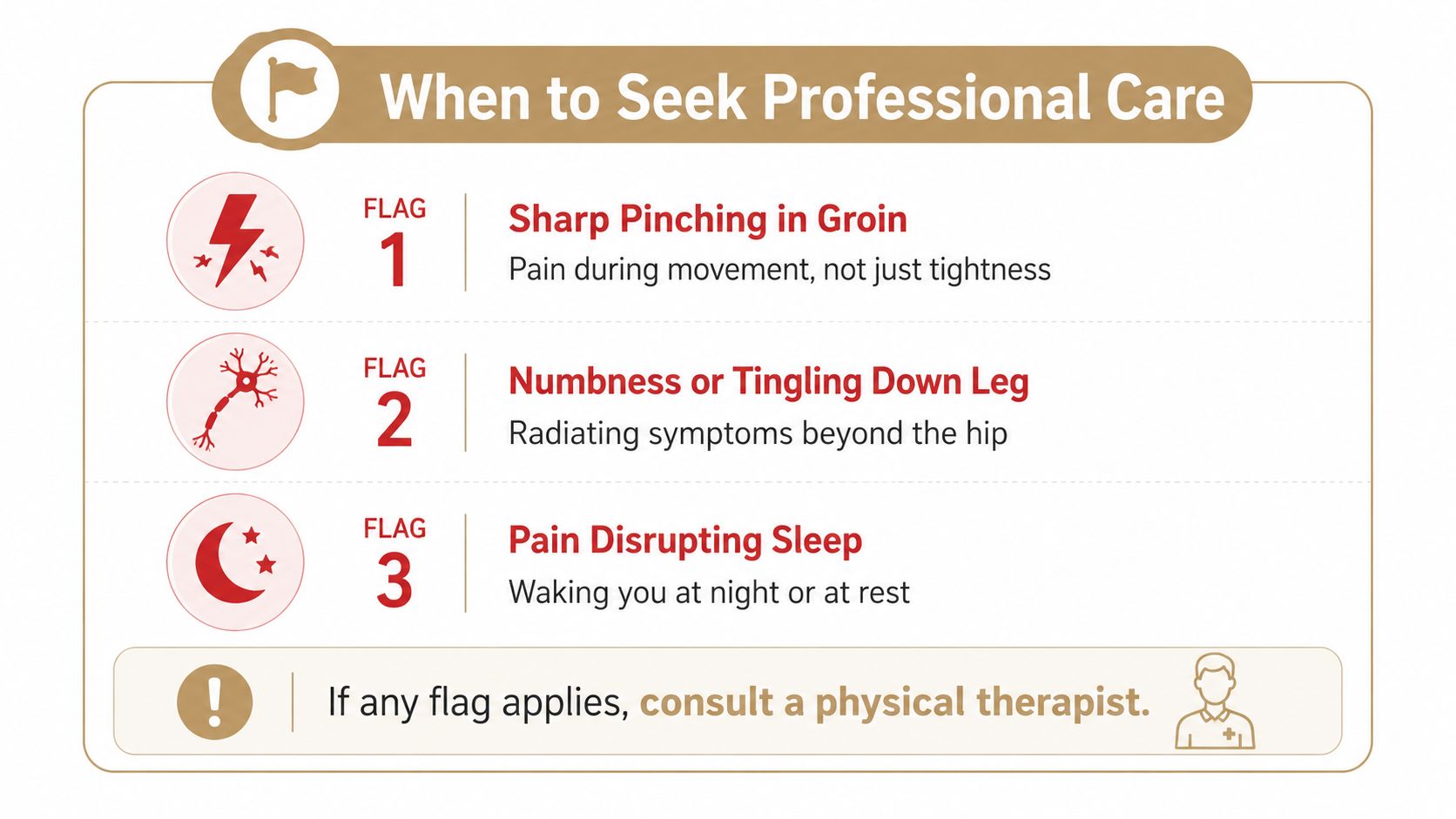An infographic titled When to Seek Professional Care, highlighting three warning signs for hip pain requiring physical therapy.
