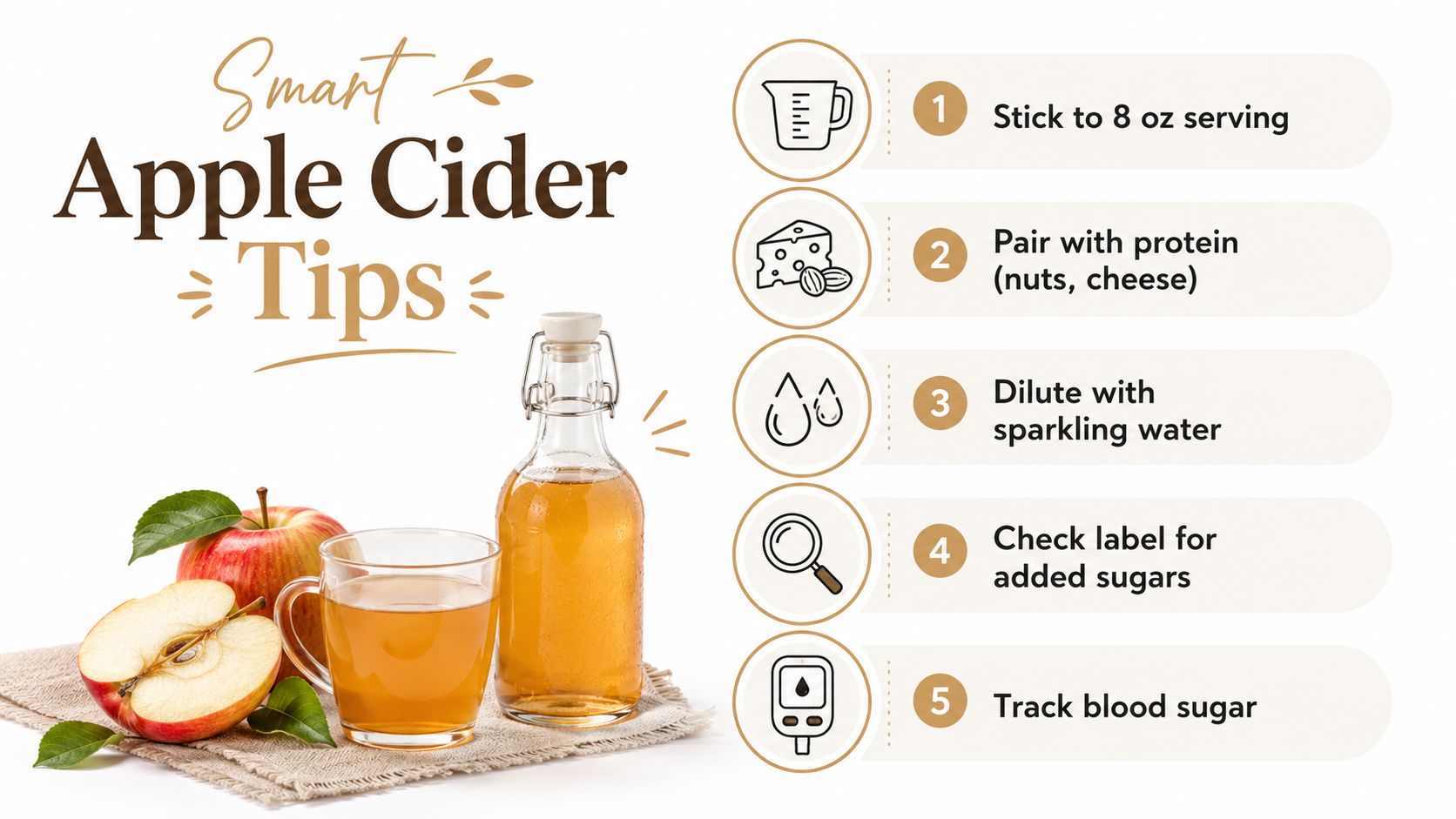 A helpful infographic showing five smart tips for consuming apple cider, including portion control and pairing suggestions.
