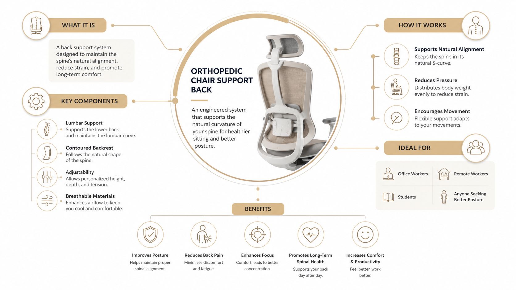 An infographic detailing the features, benefits, and components of an orthopedic chair back support system for better posture.