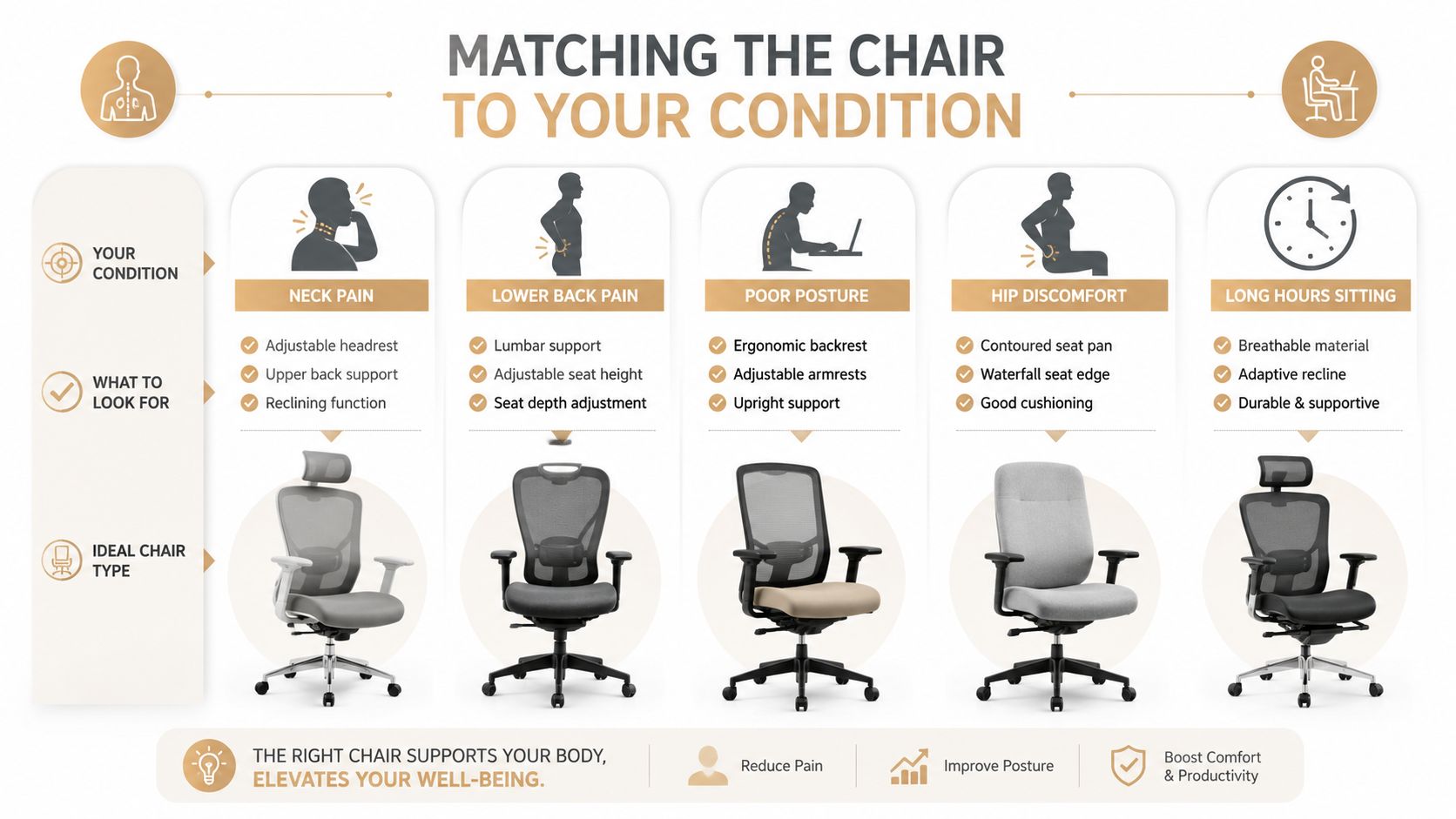 A chart showing how to match office chairs to different physical conditions to improve ergonomics.