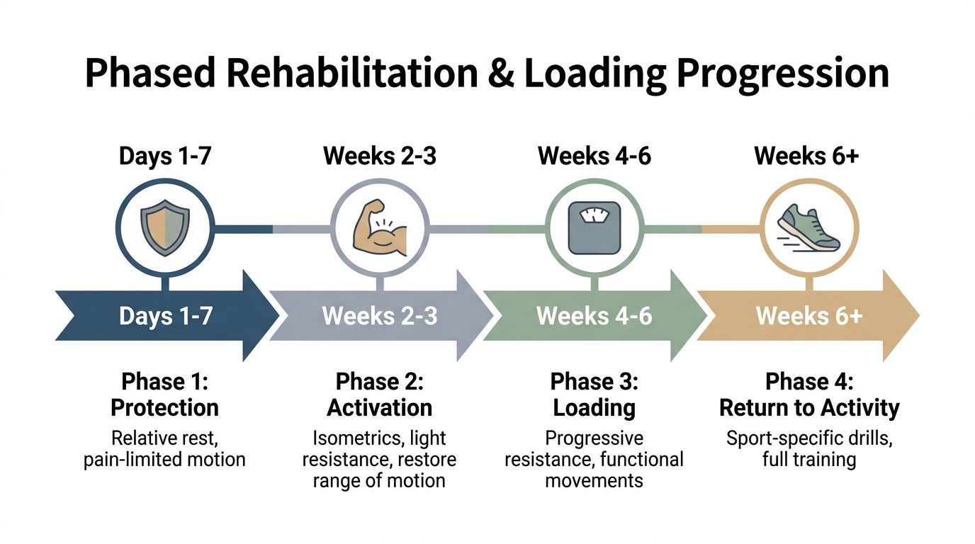 A diagram outlining a four-phase rehabilitation and loading progression strategy for injury recovery over time.