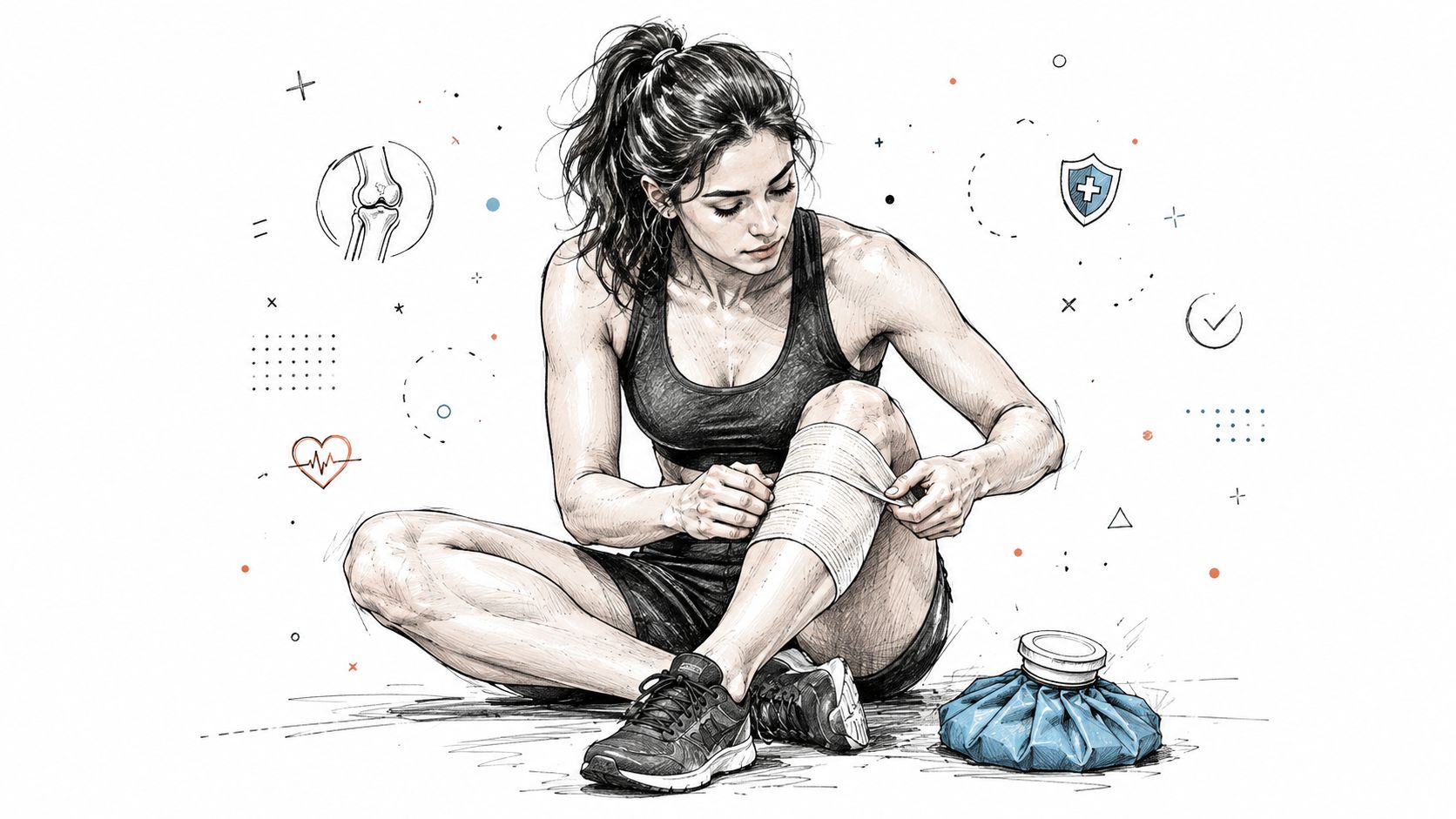 A female athlete wrapping her injured knee with a bandage while sitting on the floor with ice.