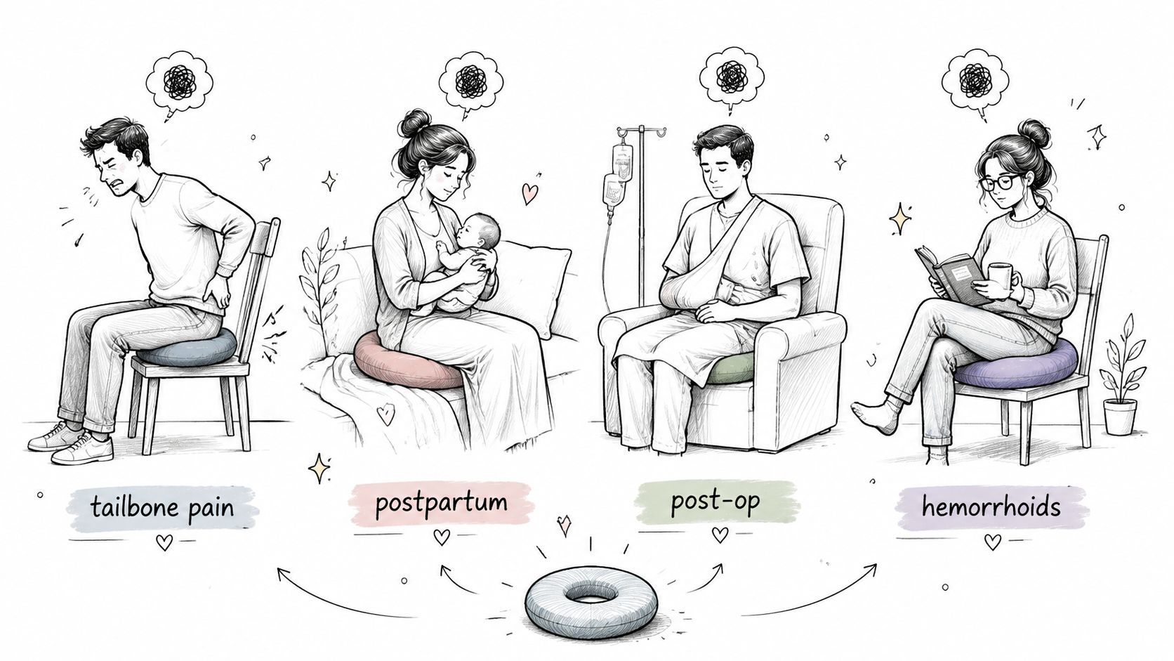 An illustration showing four people using donut chair cushions for relief from various conditions like pain and surgery.