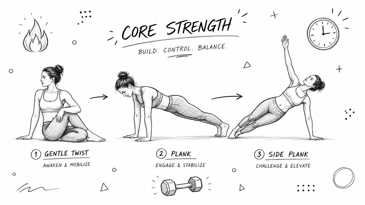 A sketched infographic showing three core strength exercises: gentle twist, plank, and side plank for fitness.