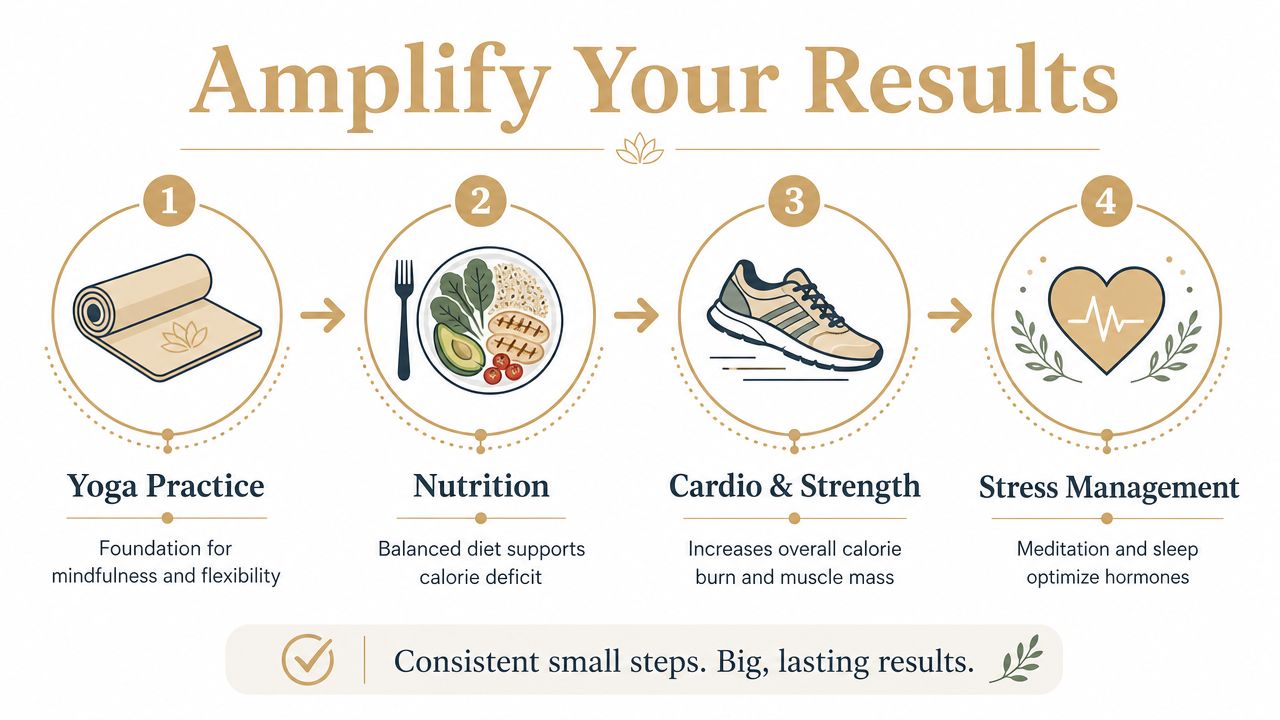 A four-step infographic illustrating health tips for fat loss including yoga, balanced nutrition, exercise, and stress management.
