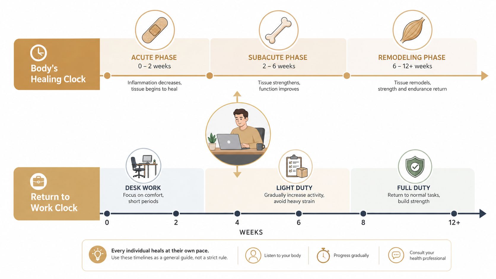 A timeline graphic illustrating the healing process and work return stages for a herniated disc injury.