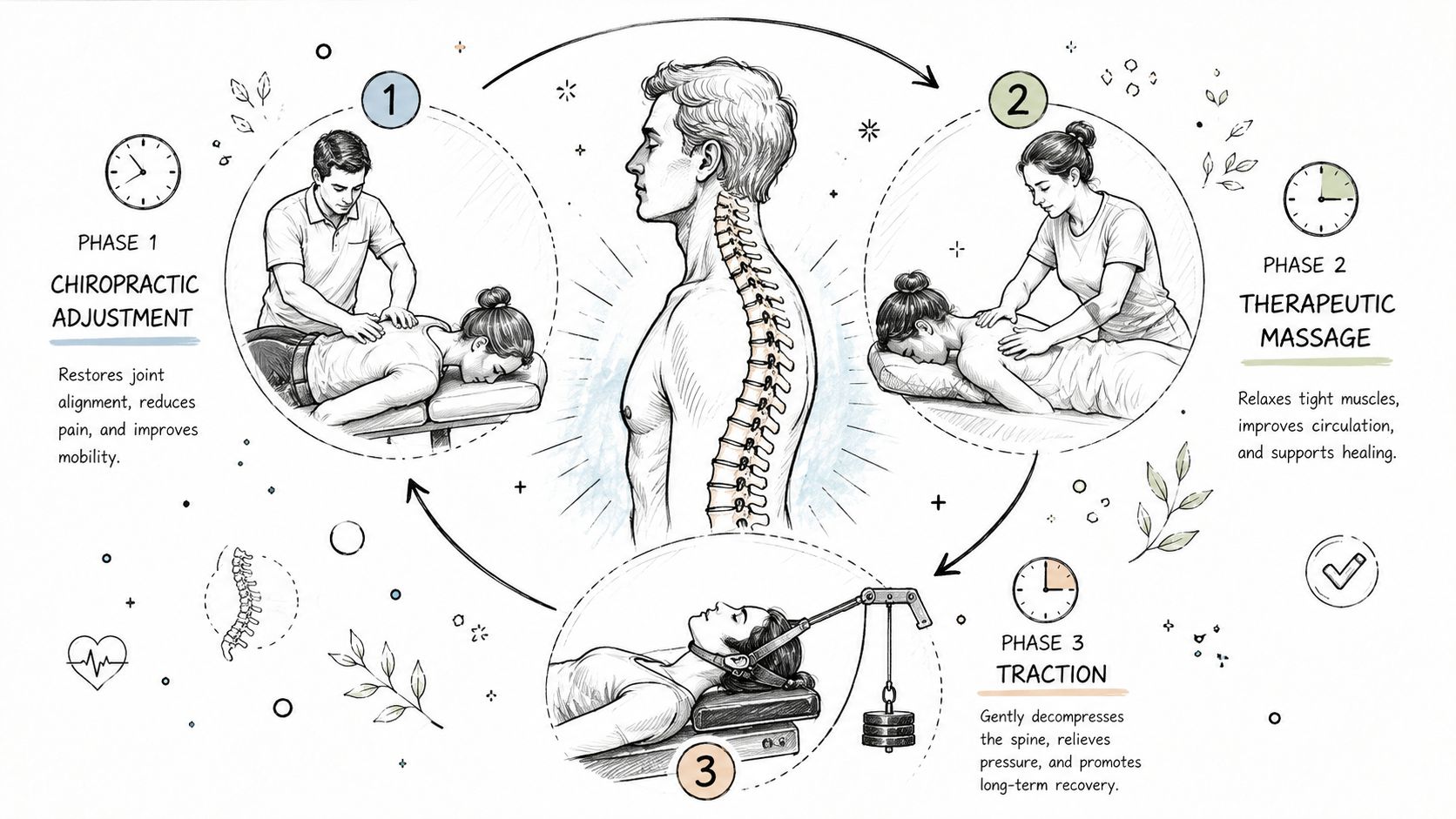 A diagram illustrating a three-phase recovery process for a herniated disc, including chiropractic adjustment, therapeutic massage, and traction.