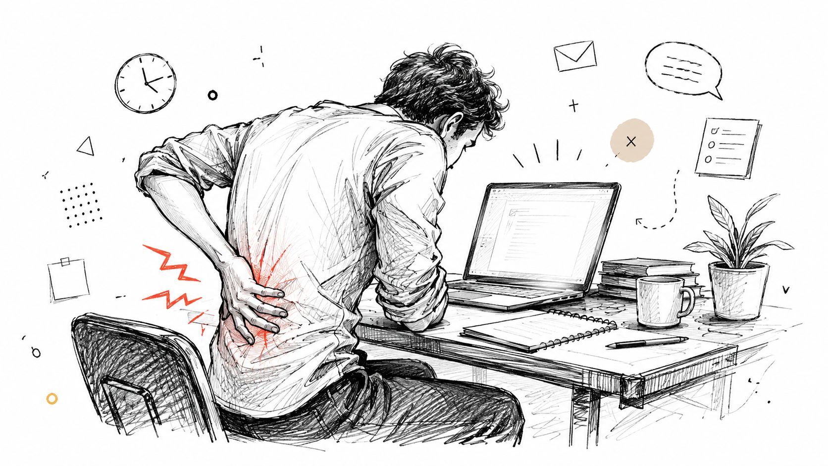A pencil sketch of a person experiencing lower back pain while sitting at a cluttered desk.