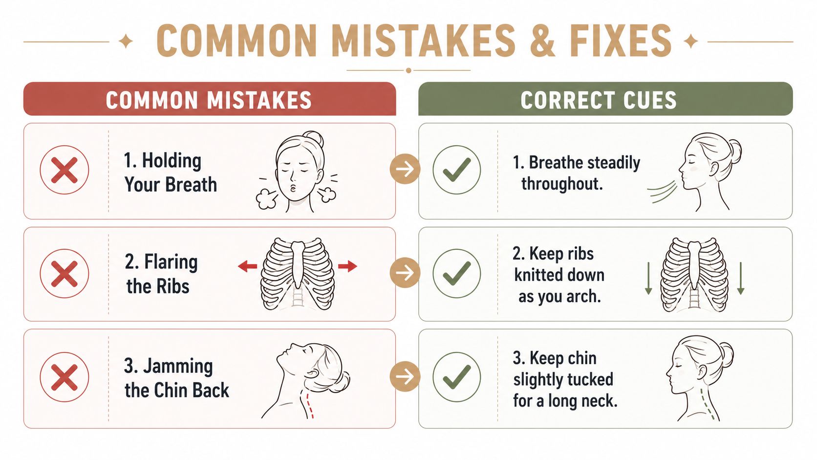 An infographic illustrating common mistakes and their respective corrections for performing a safe back arch stretch exercise.