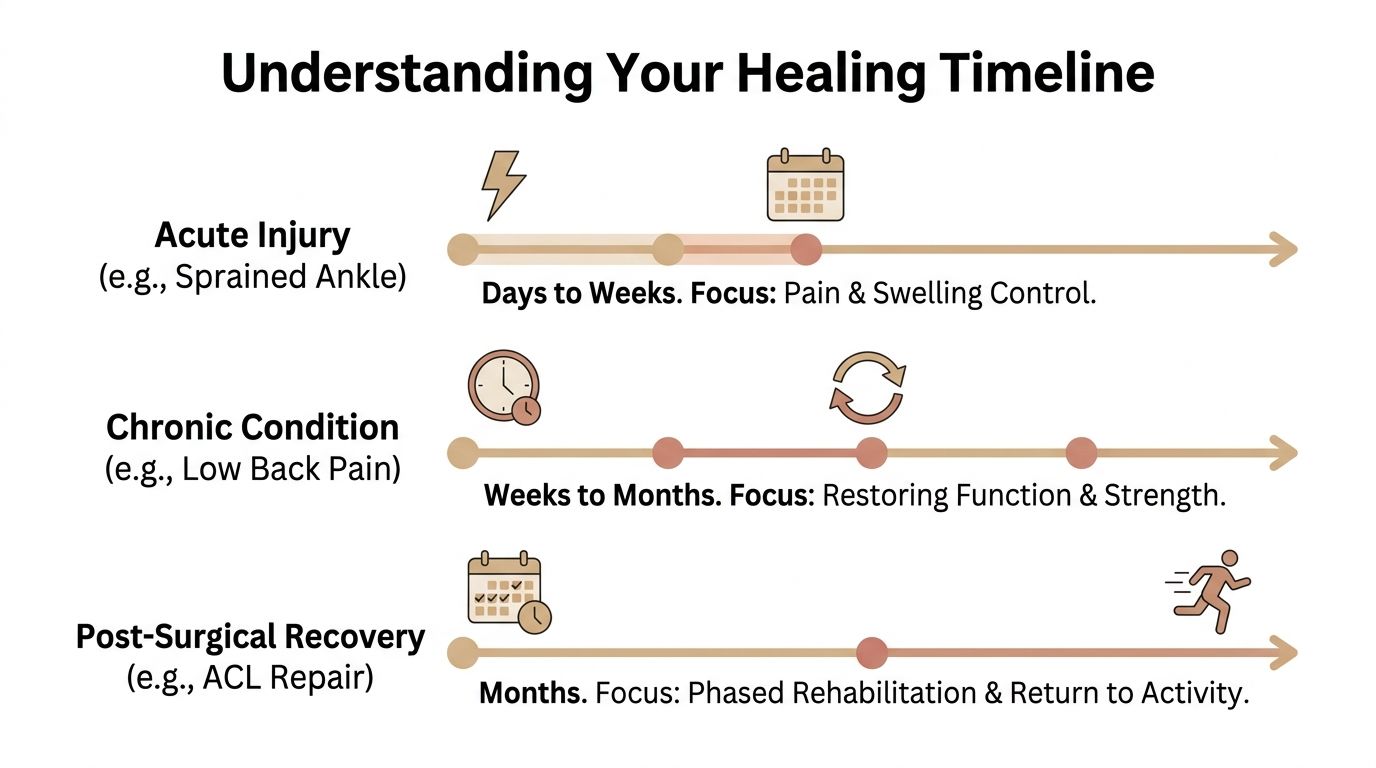 An infographic showing the healing timelines for acute injury, chronic conditions, and post-surgical recovery processes.