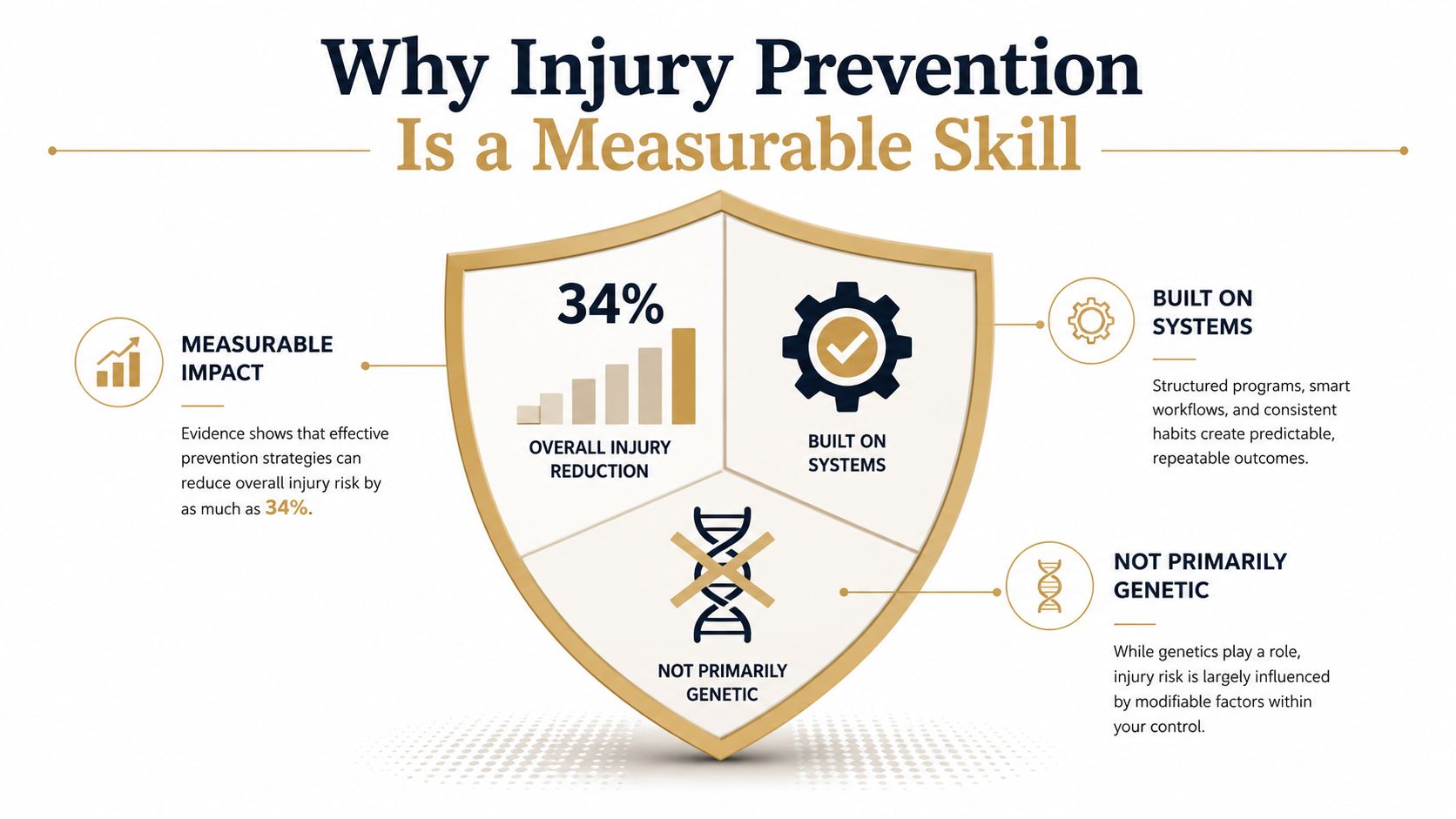 An infographic titled Why Injury Prevention Is a Measurable Skill, showing 34 percent reduction and key success factors.