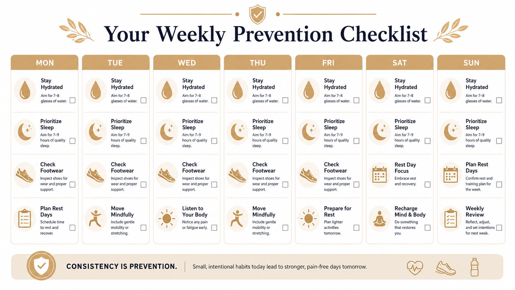 A weekly prevention checklist template with daily health habits like hydration, sleep, and physical activity tracking.