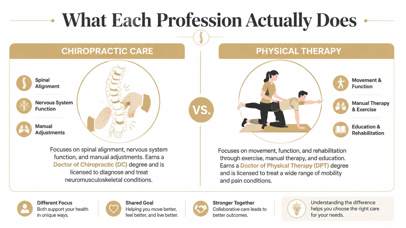 An infographic comparing chiropractic care and physical therapy, highlighting their distinct focuses, educational degrees, and shared health goals.