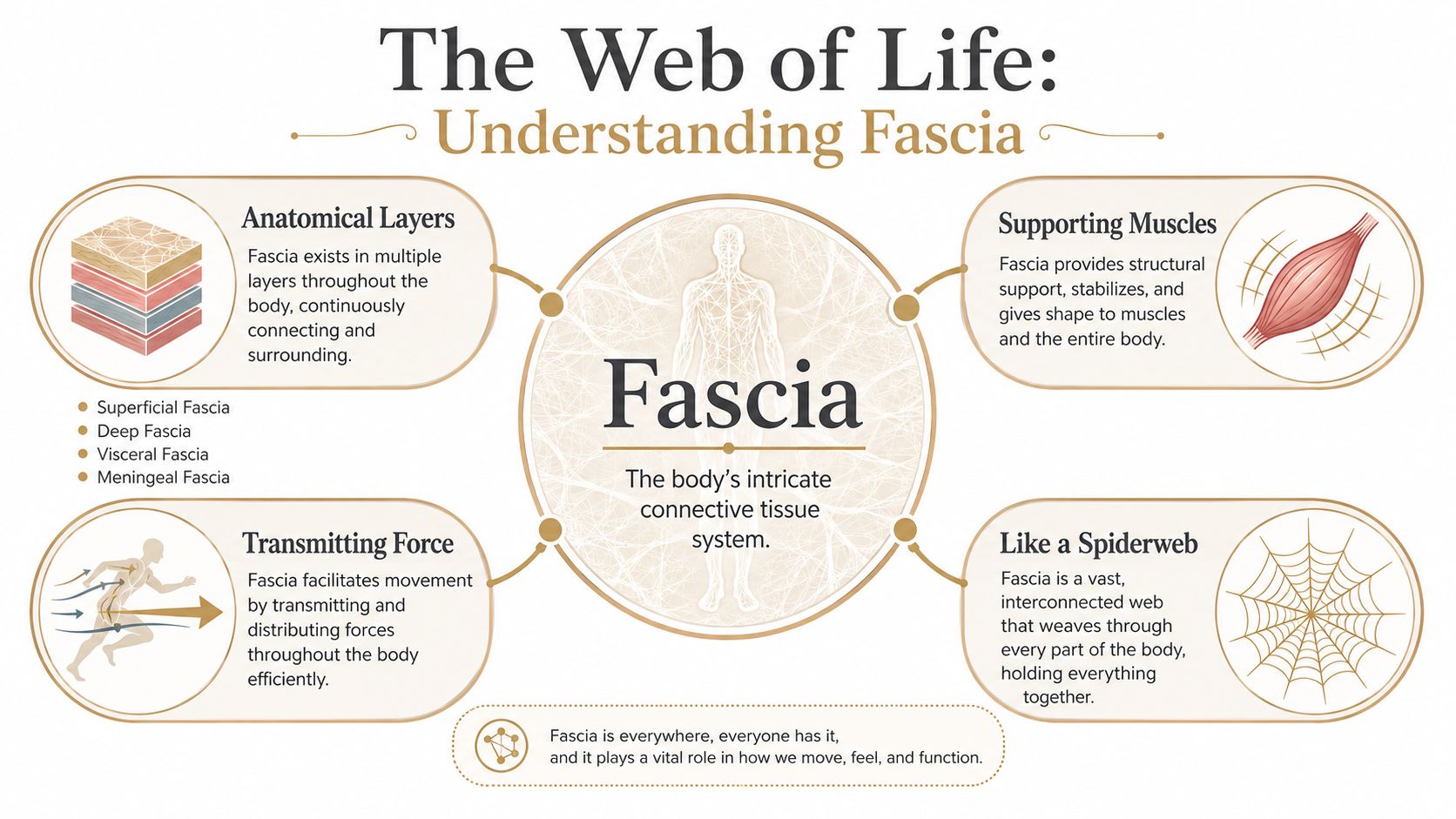 An infographic diagram explaining the function and anatomical structure of the body's connective tissue system, fascia.