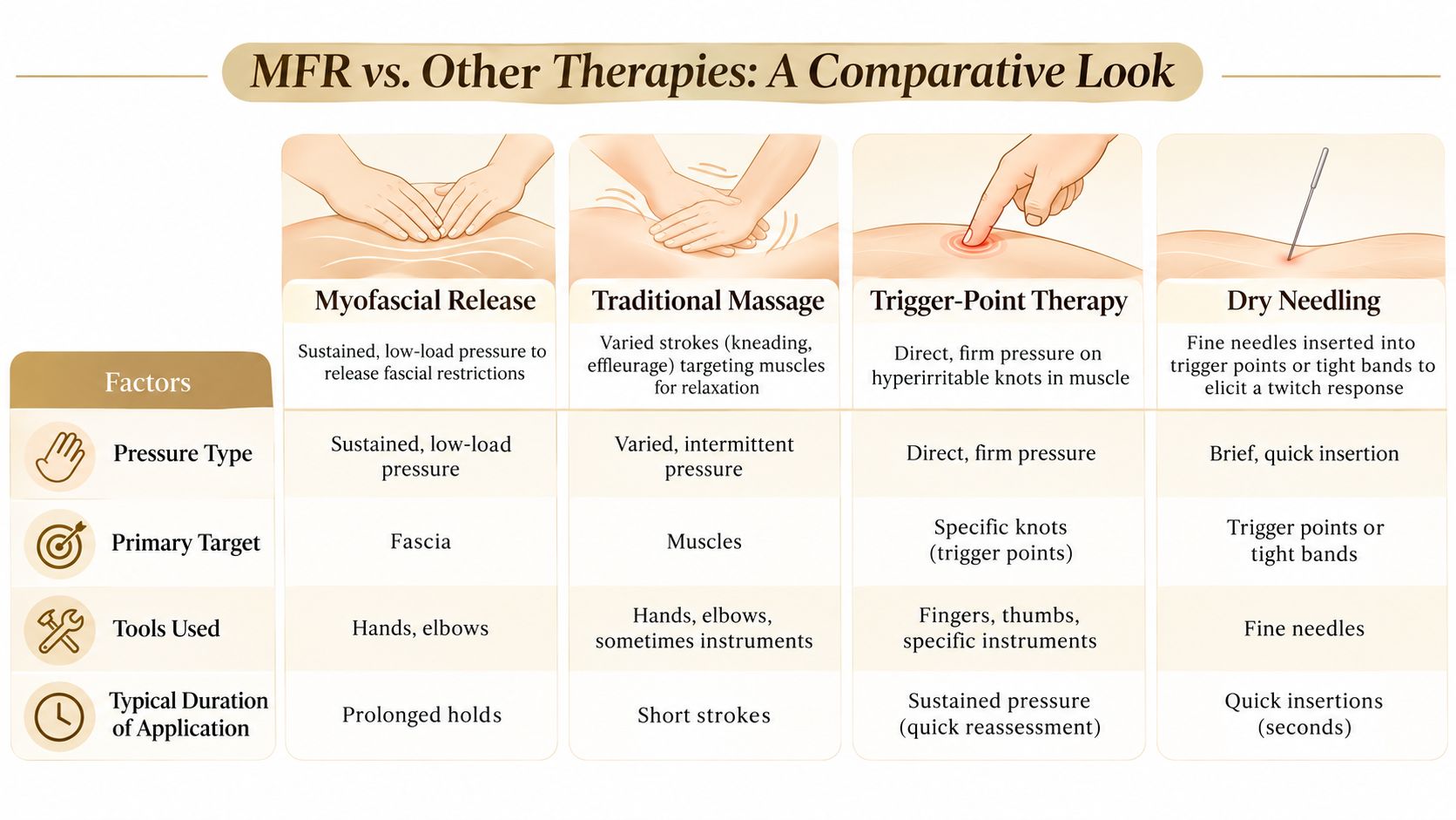 A comparison chart outlining the differences between myofascial release, traditional massage, trigger-point therapy, and dry needling techniques.