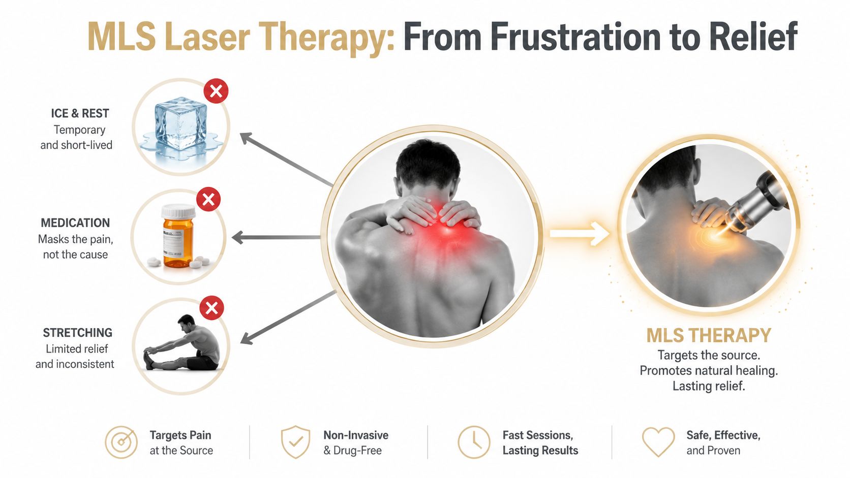 An infographic comparing ineffective pain management treatments to the healing benefits of MLS laser therapy.
