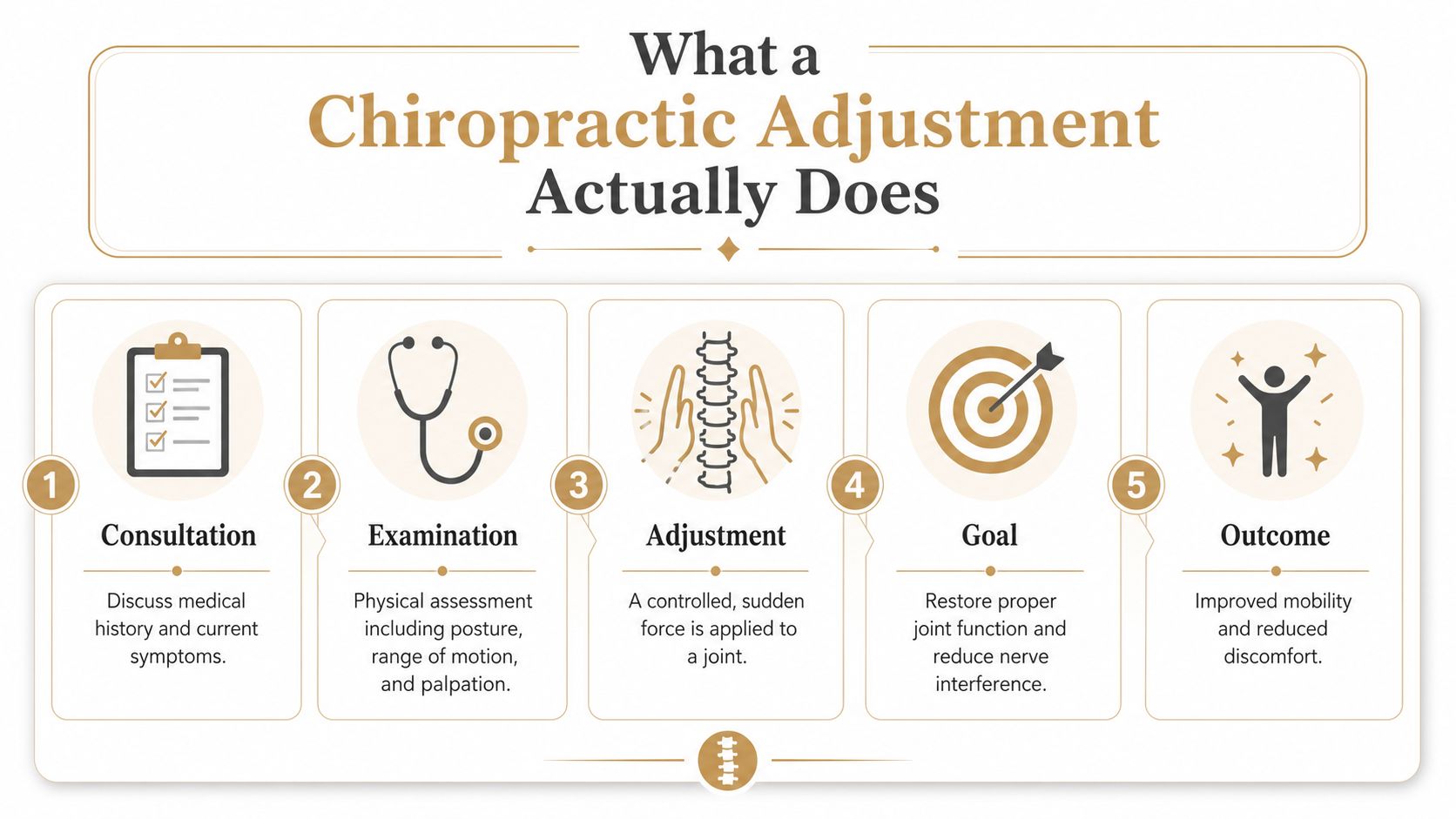 A flowchart infographic explaining the five steps of a chiropractic adjustment process from consultation to improved outcome.
