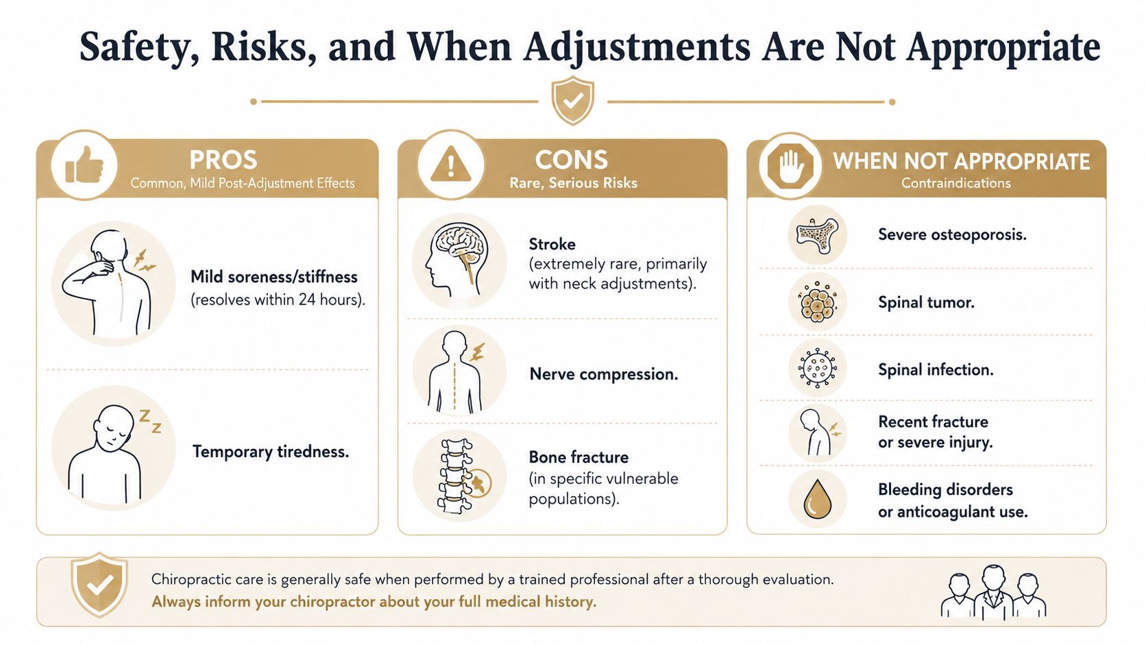 An infographic detailing the common pros, rare cons, and contraindications of chiropractic spinal adjustment procedures.