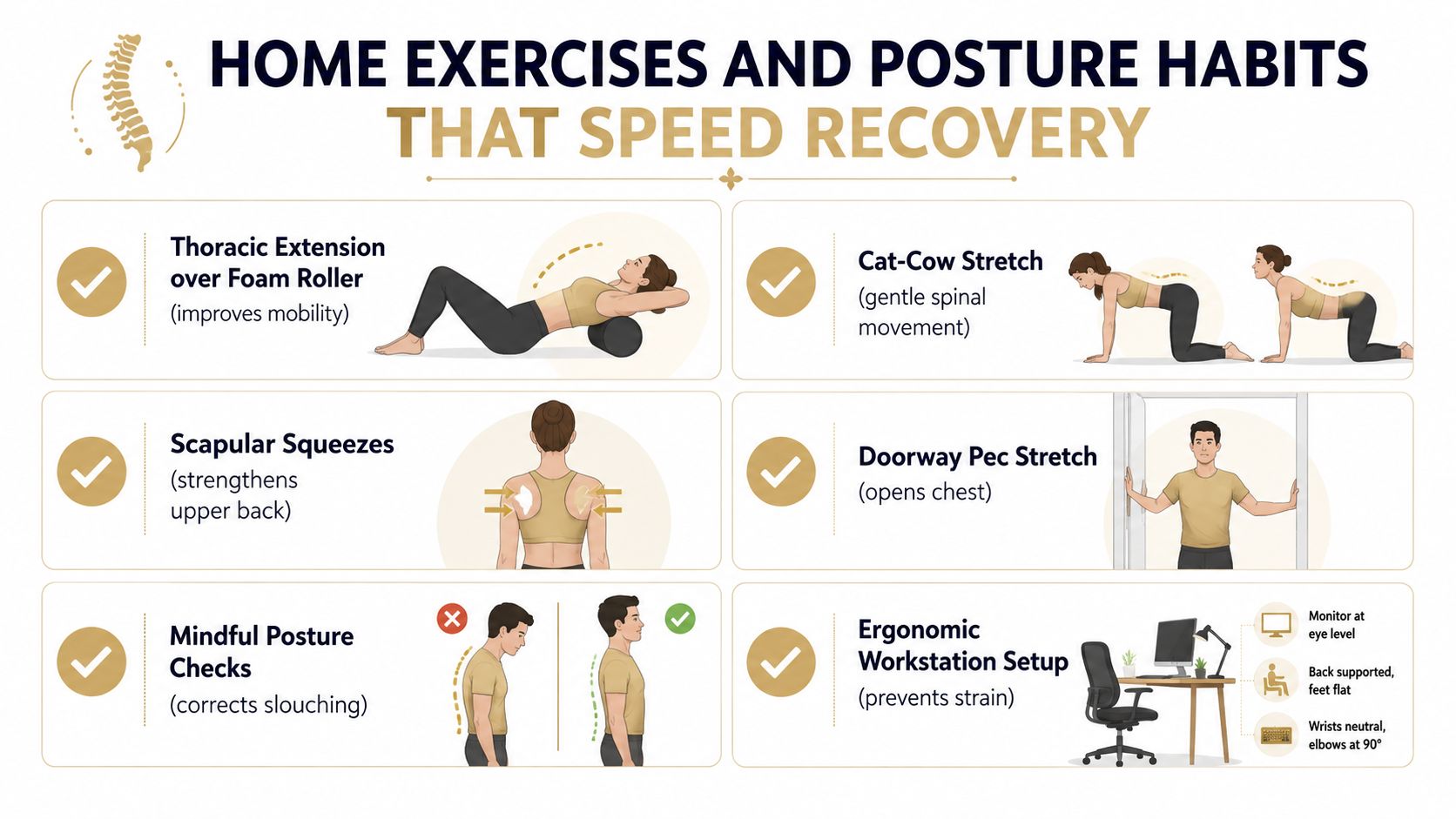 An infographic showing six home exercises and posture habits that help speed up recovery for back pain.