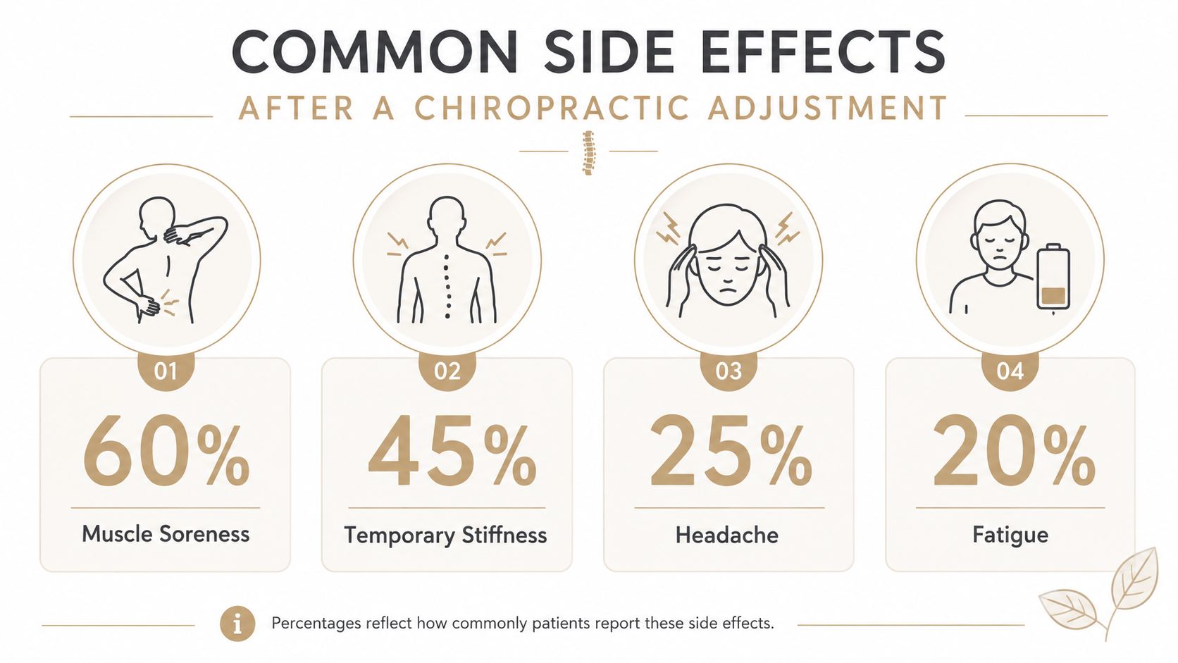 An infographic showing common side effects after chiropractic adjustments, including muscle soreness, stiffness, headache, and fatigue.