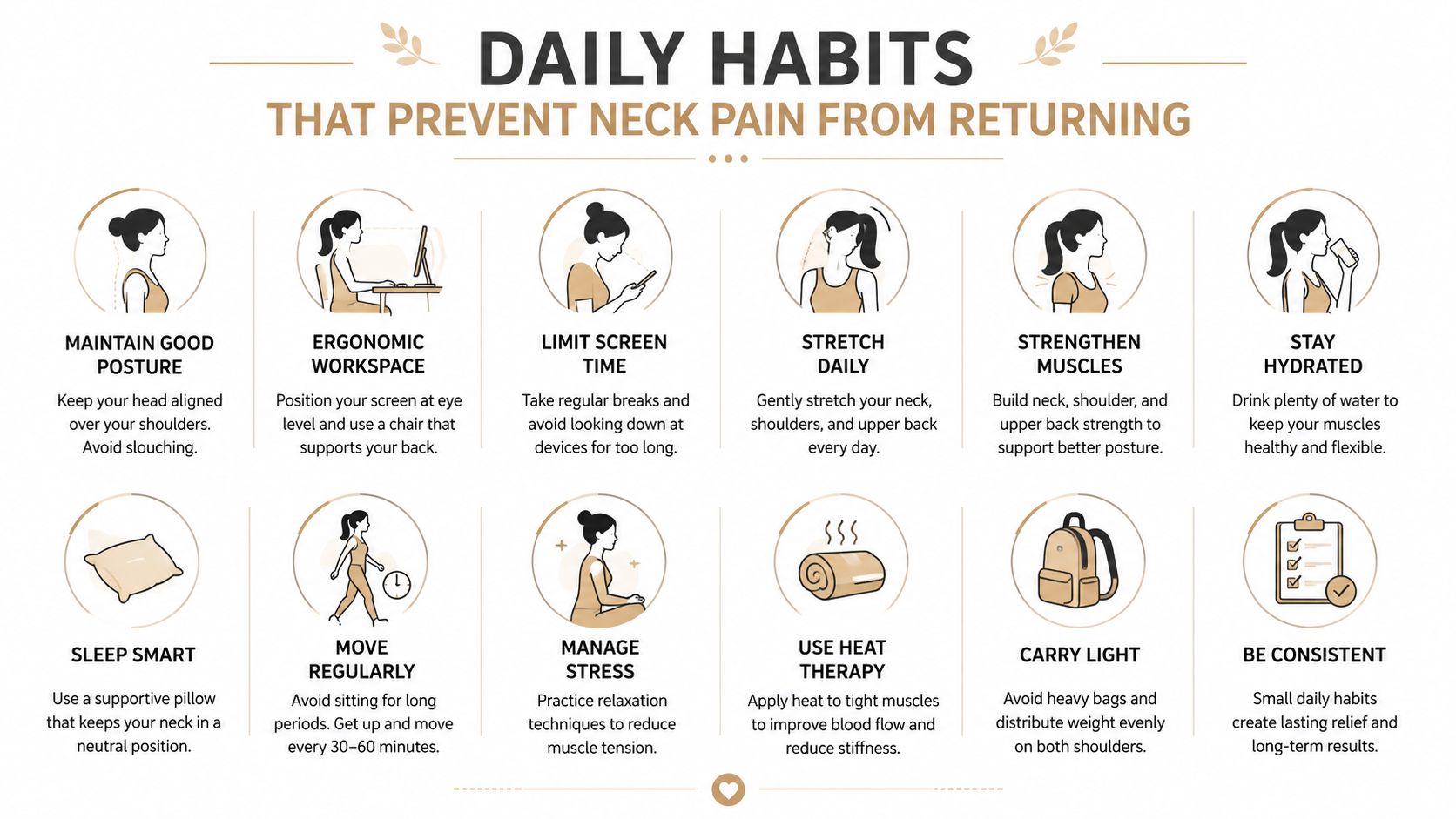 An infographic showing daily habits to prevent neck pain, including posture, stretching, hydration, and workplace ergonomics.