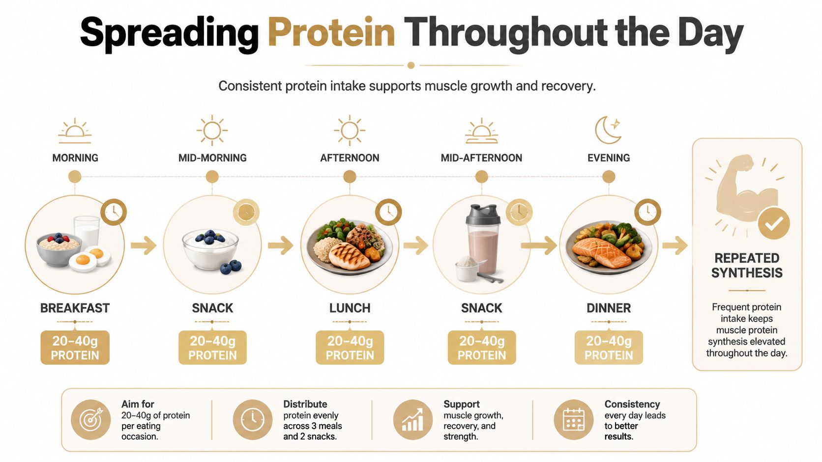 An infographic showing how to spread 20 to 40 grams of protein intake throughout the daily schedule.