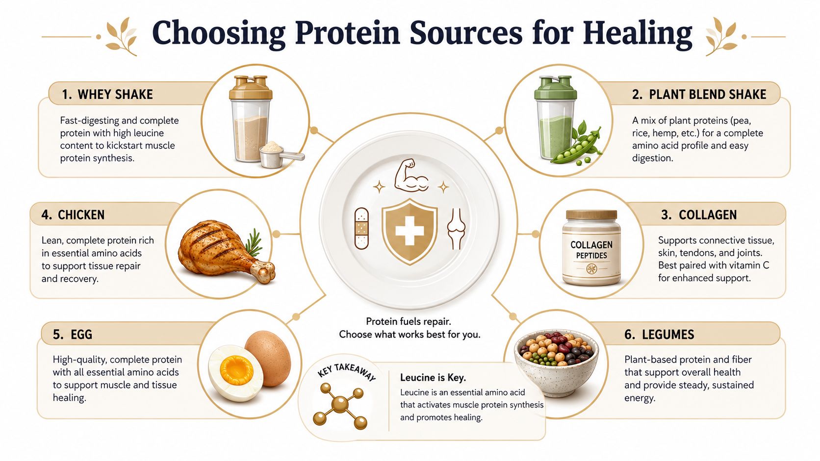 An infographic detailing six different protein sources beneficial for healing, recovery, and overall tissue repair.